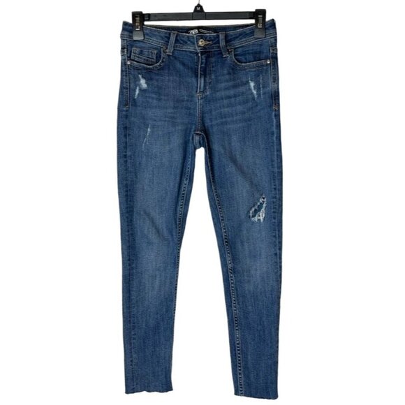 Zara Blue Medium Wash Denim Distressed Raw Cut Hem Skinny Jeans 2 - Picture 1 of 11